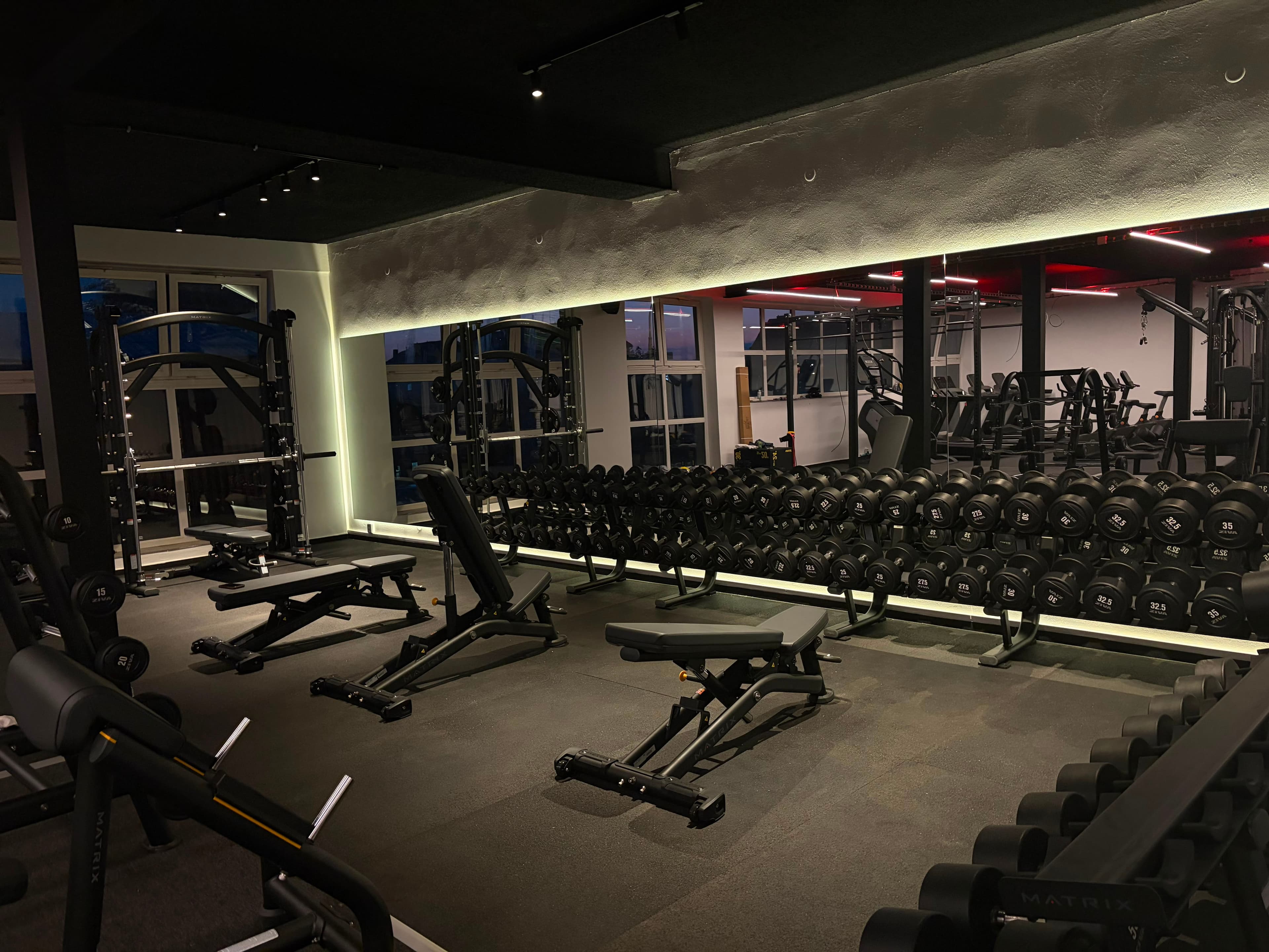 Posilovna NEXT LEVEL GYM – stojan s činkami podél zrcadlové stěny, červené LED osvětlení